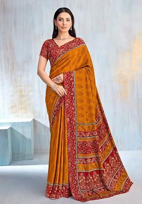Mustard Embroidered Blended Saree Set
