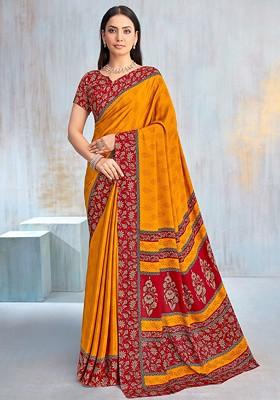 Mustard Embroidered Blended Saree Set