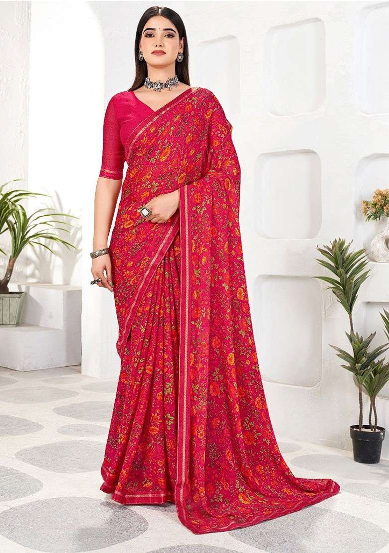 Magenta Printed Blended Saree Set - Indya