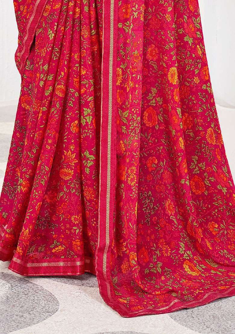 Magenta Printed Blended Saree Set - Indya