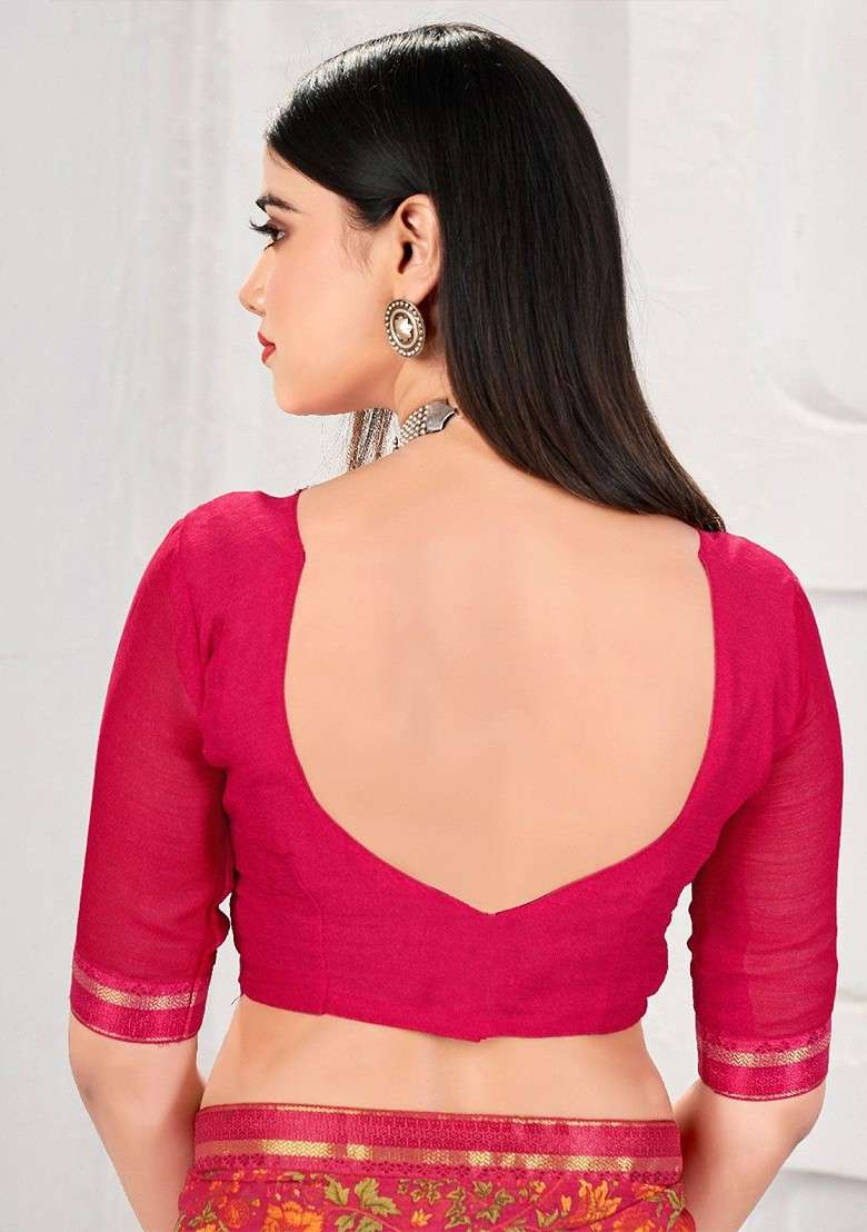 Magenta Printed Blended Saree Set - Indya