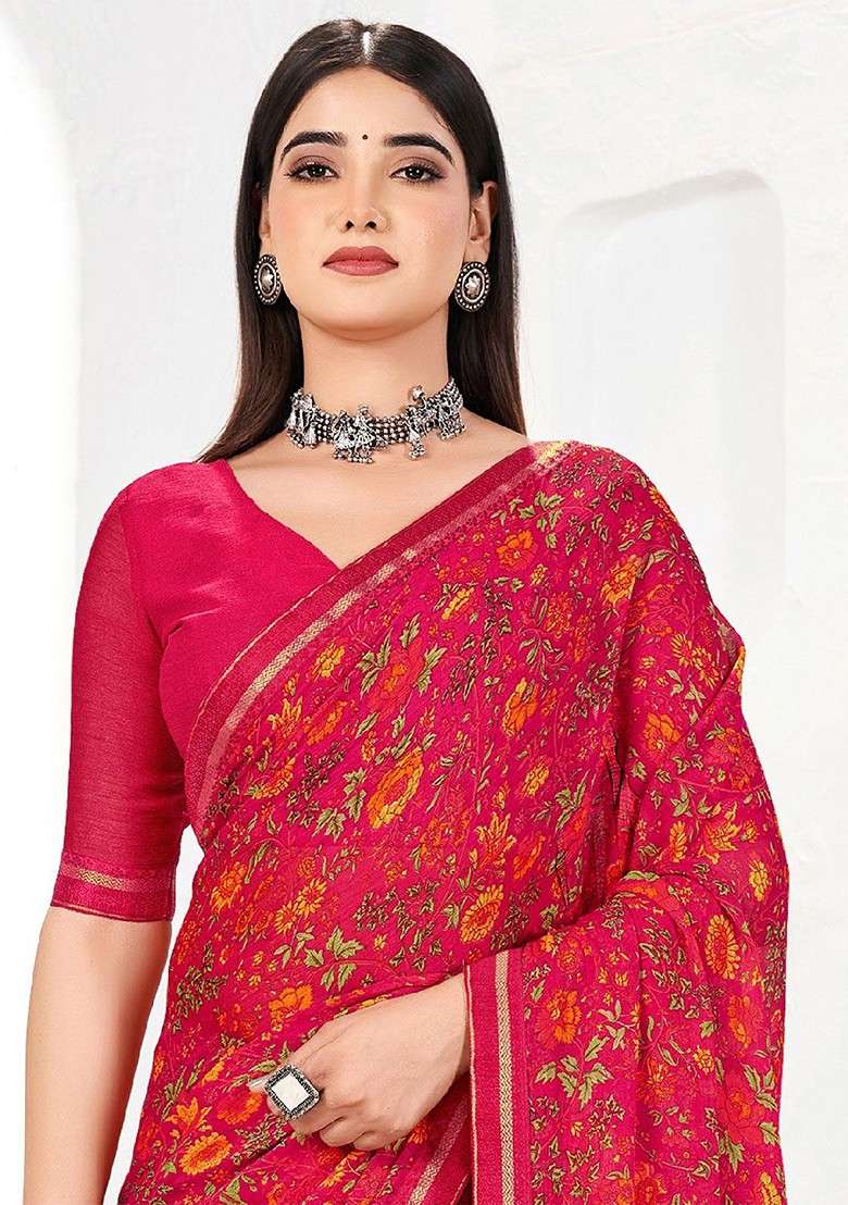 Magenta Printed Blended Saree Set - Indya