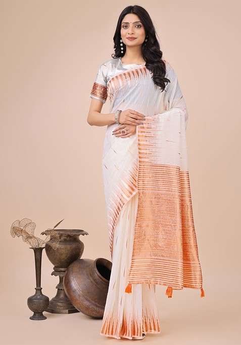 White Blended Saree Set with Printed for Diwali | Wedding & Festive Wear
