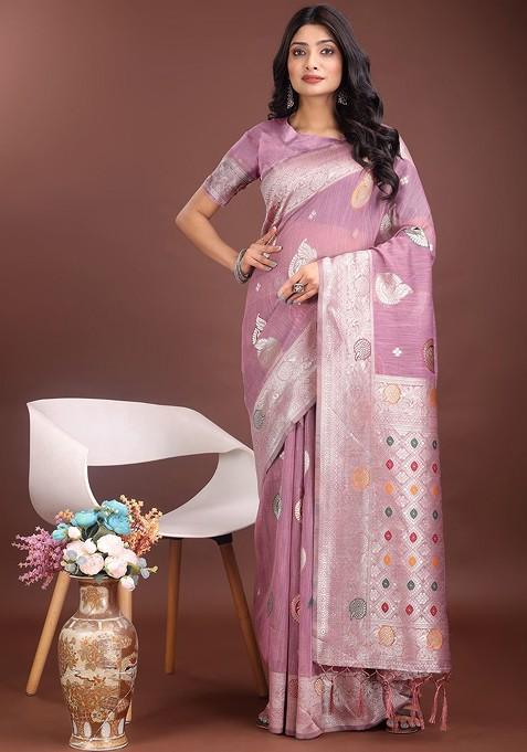 Pink Embroidered Blended Saree Set