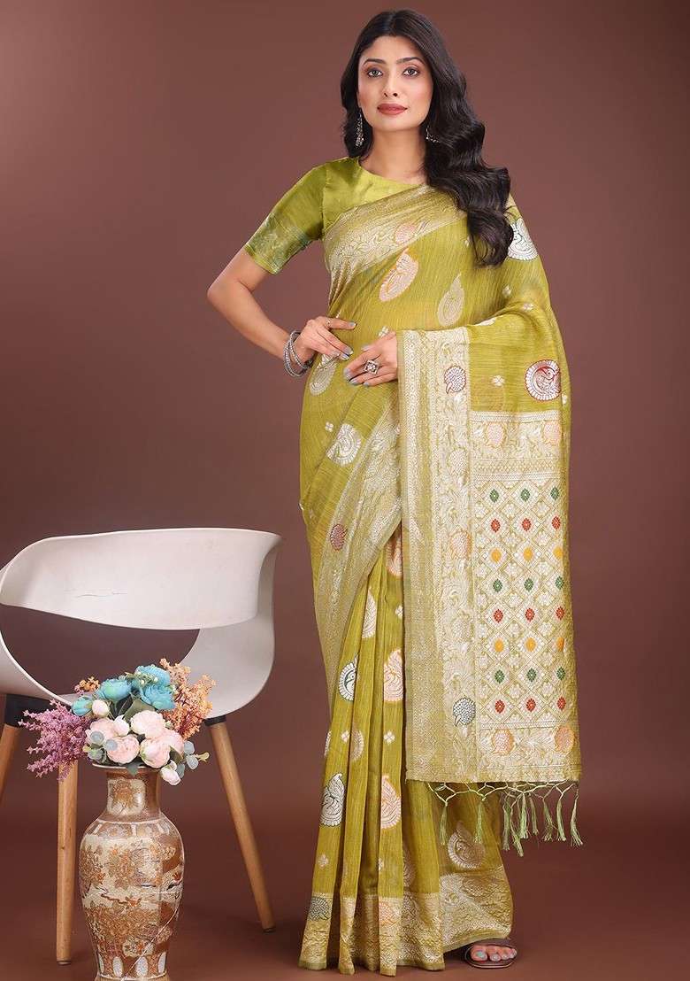 Olive Embroidered Blended Saree Set for Diwali and Festive Wear - Indya