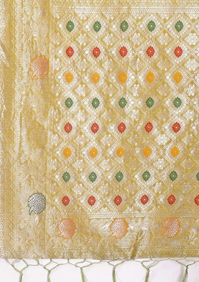 Olive Embroidered Blended Saree Set for Diwali and Festive Wear - Indya