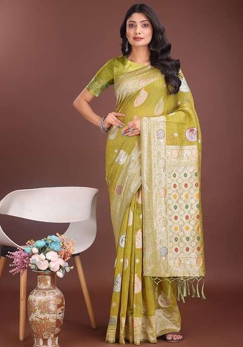 Olive Embroidered Blended Saree Set for Diwali and Festive Wear