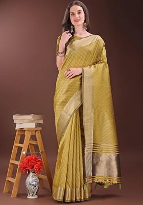 Mustard Embroidered Blended Saree Set