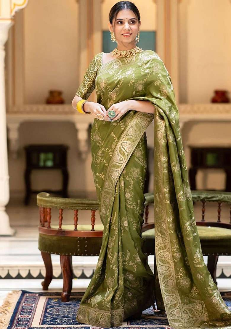 Olive Jacquard Blended Saree Set for Diwali and Festive Wear - Indya