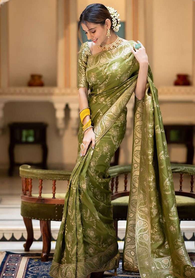 Olive Jacquard Blended Saree Set for Diwali and Festive Wear - Indya