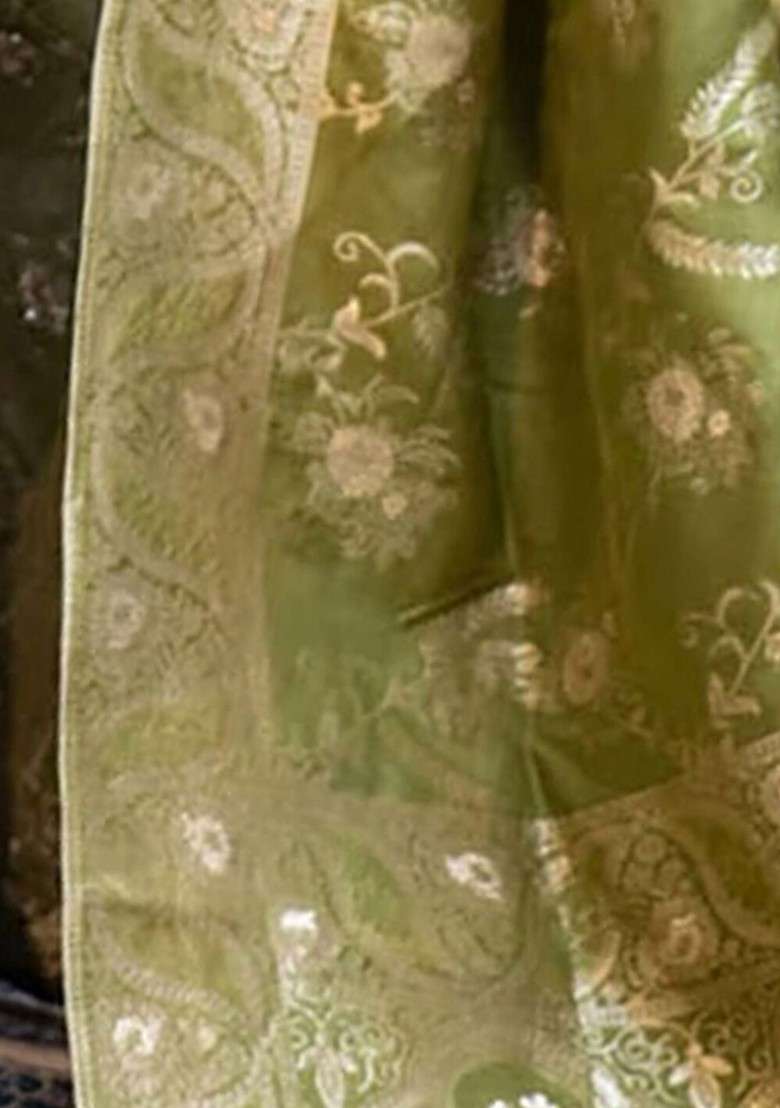 Olive Jacquard Blended Saree Set for Diwali and Festive Wear - Indya