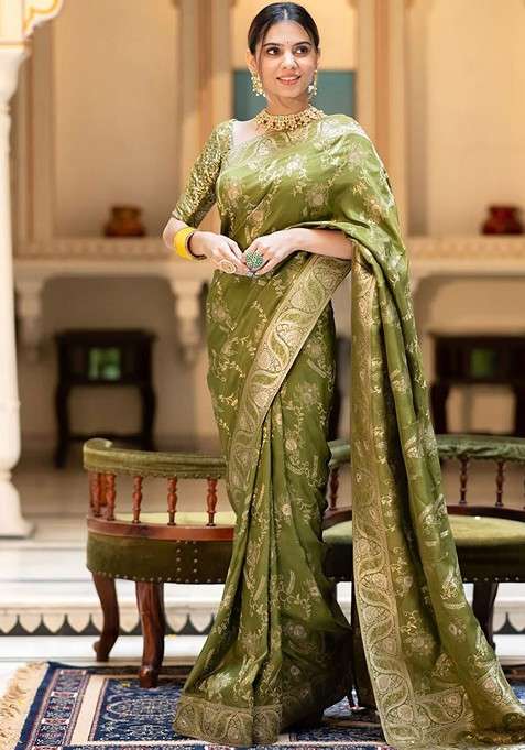 Olive Jacquard Blended Saree Set for Diwali and Festive Wear