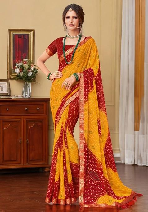 Yellow Printed Blended Saree Set
