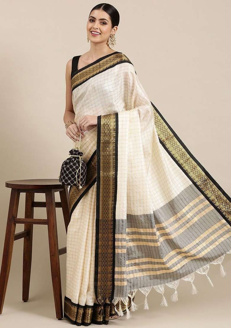 White Embroidered Blended Saree Set for Diwali and Festive Wear - Indya