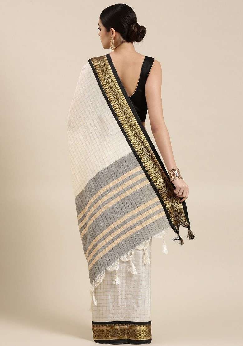 White Embroidered Blended Saree Set for Diwali and Festive Wear - Indya