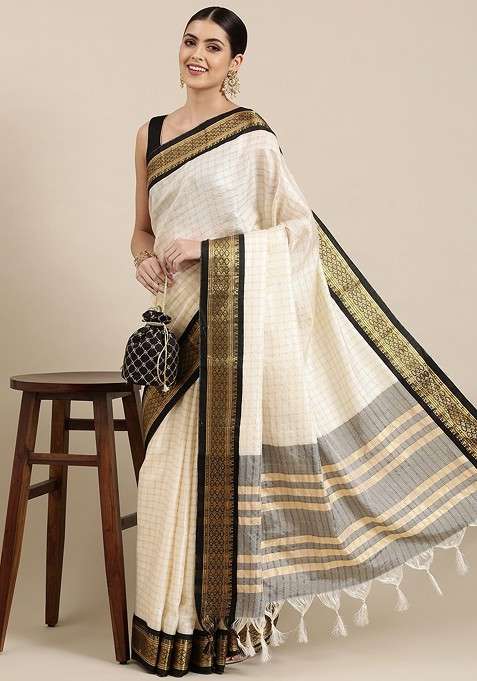 White Embroidered Blended Saree Set for Diwali and Festive Wear
