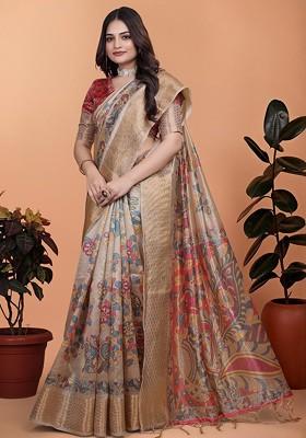 Cream Jacquard Blended Saree Set