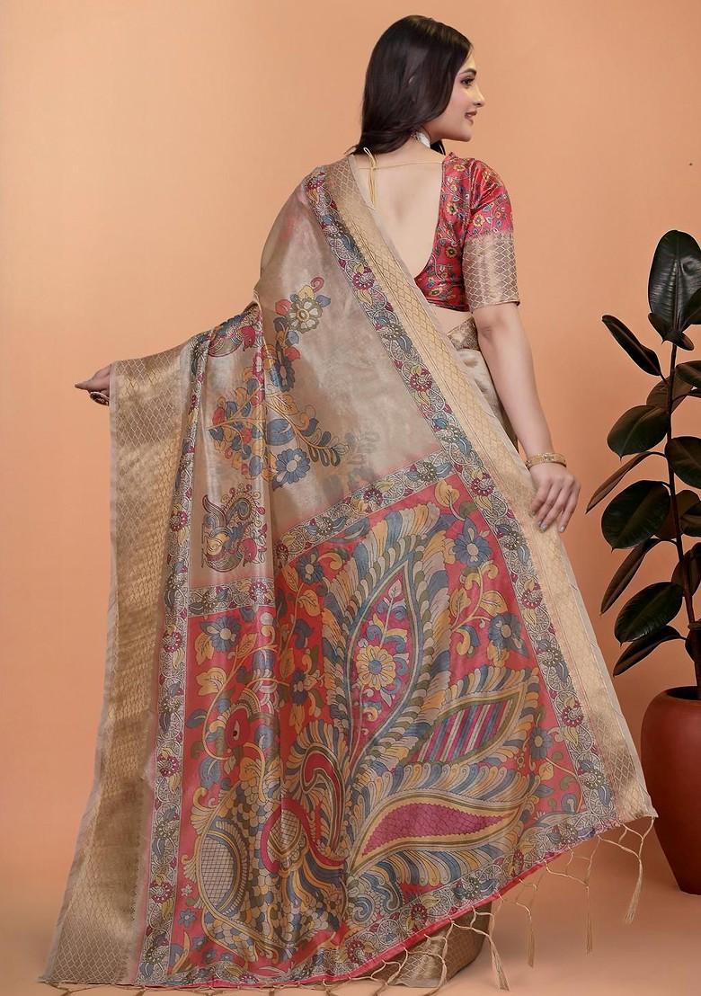 Cream Jacquard Blended Saree Set - Indya