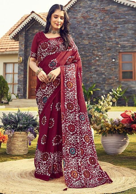 Maroon Batik Printed Blended Saree Set