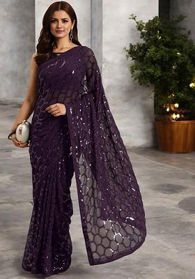 Purple Embellished Blended Saree Set
