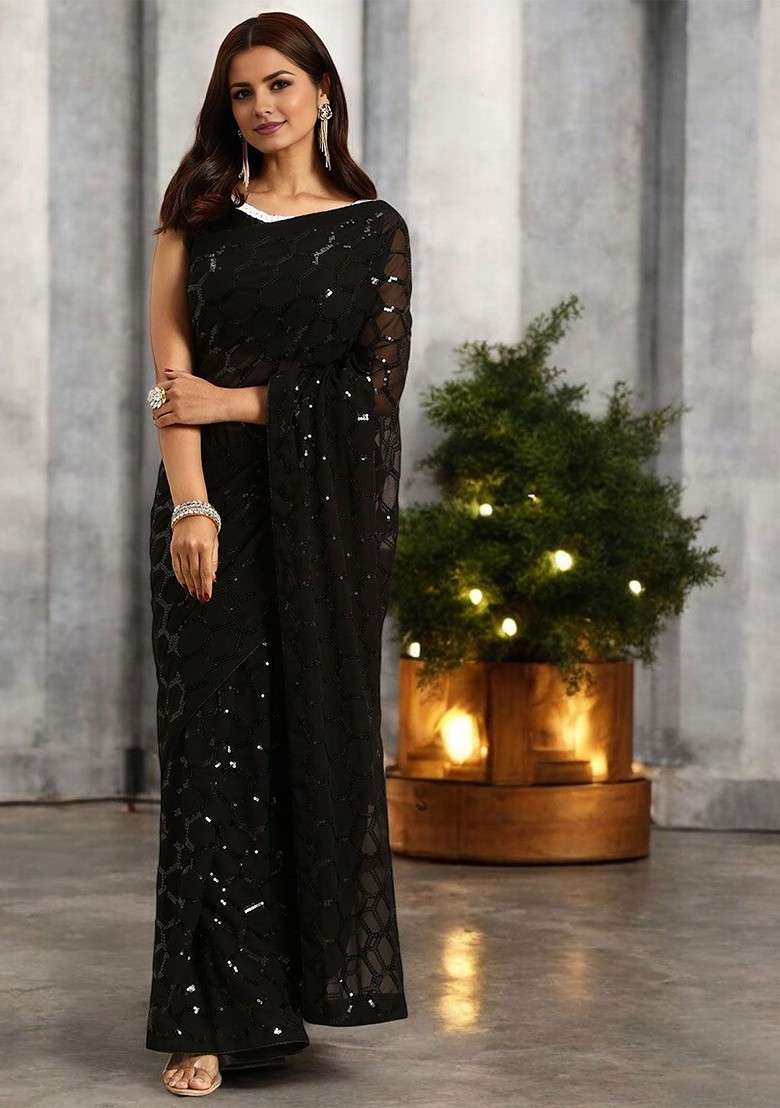 Black Embellished Blended Saree Set for Diwali and Festive Wear - Indya