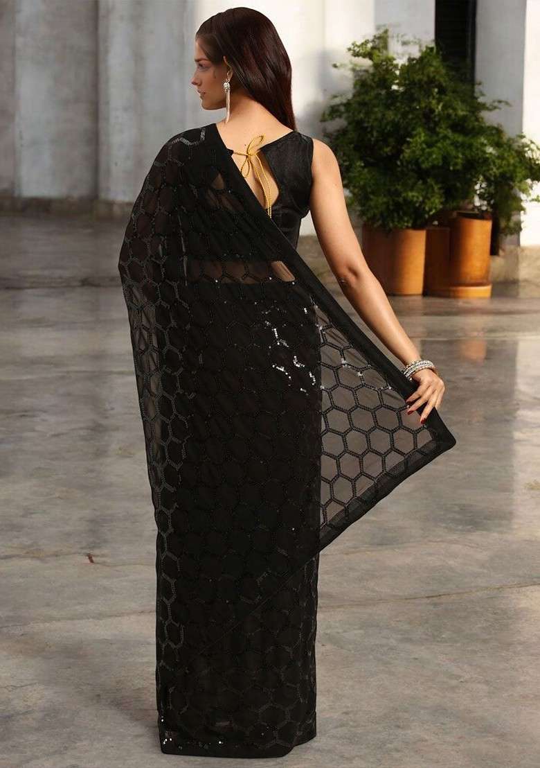 Black Embellished Blended Saree Set for Diwali and Festive Wear - Indya
