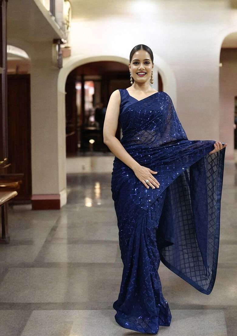 Blue Embellished Blended Saree Set - Indya