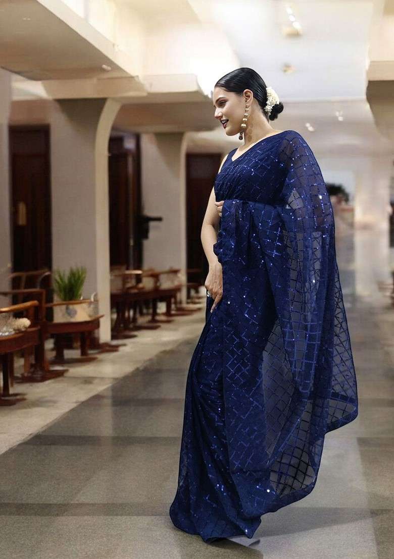 Blue Embellished Blended Saree Set - Indya