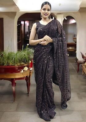 Brown Embellished Blended Saree Set