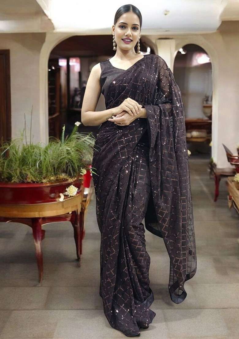 Brown Embellished Blended Saree Set - Indya