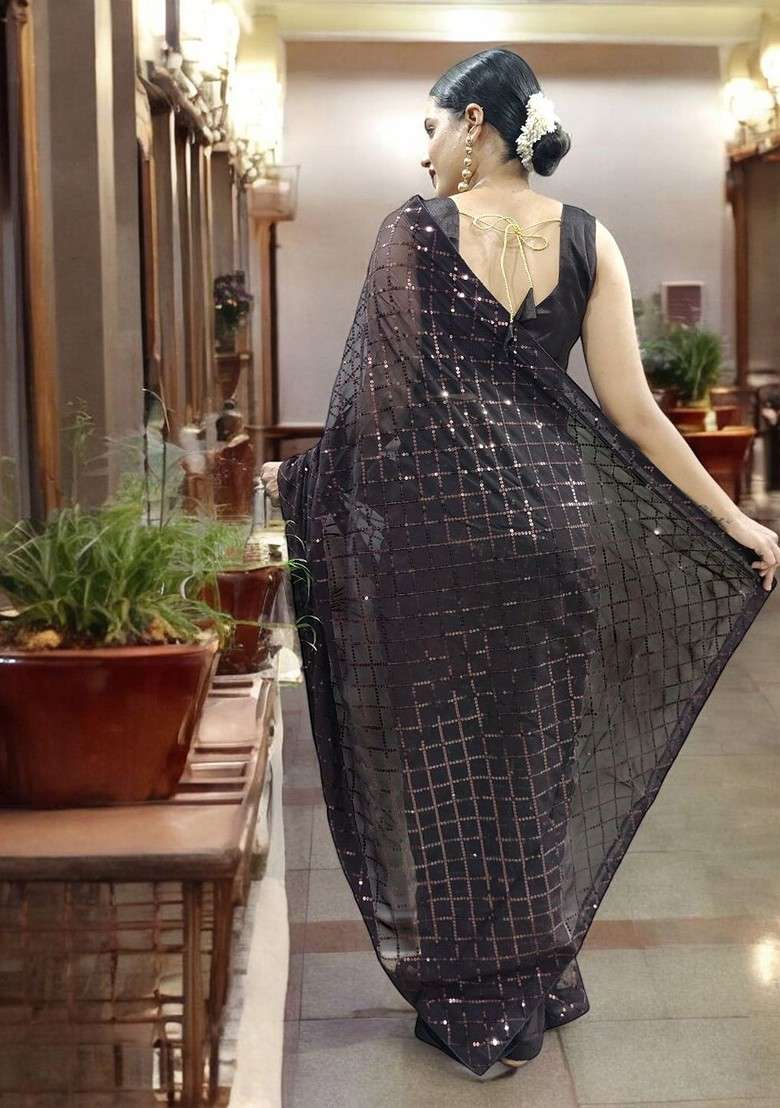 Brown Embellished Blended Saree Set - Indya