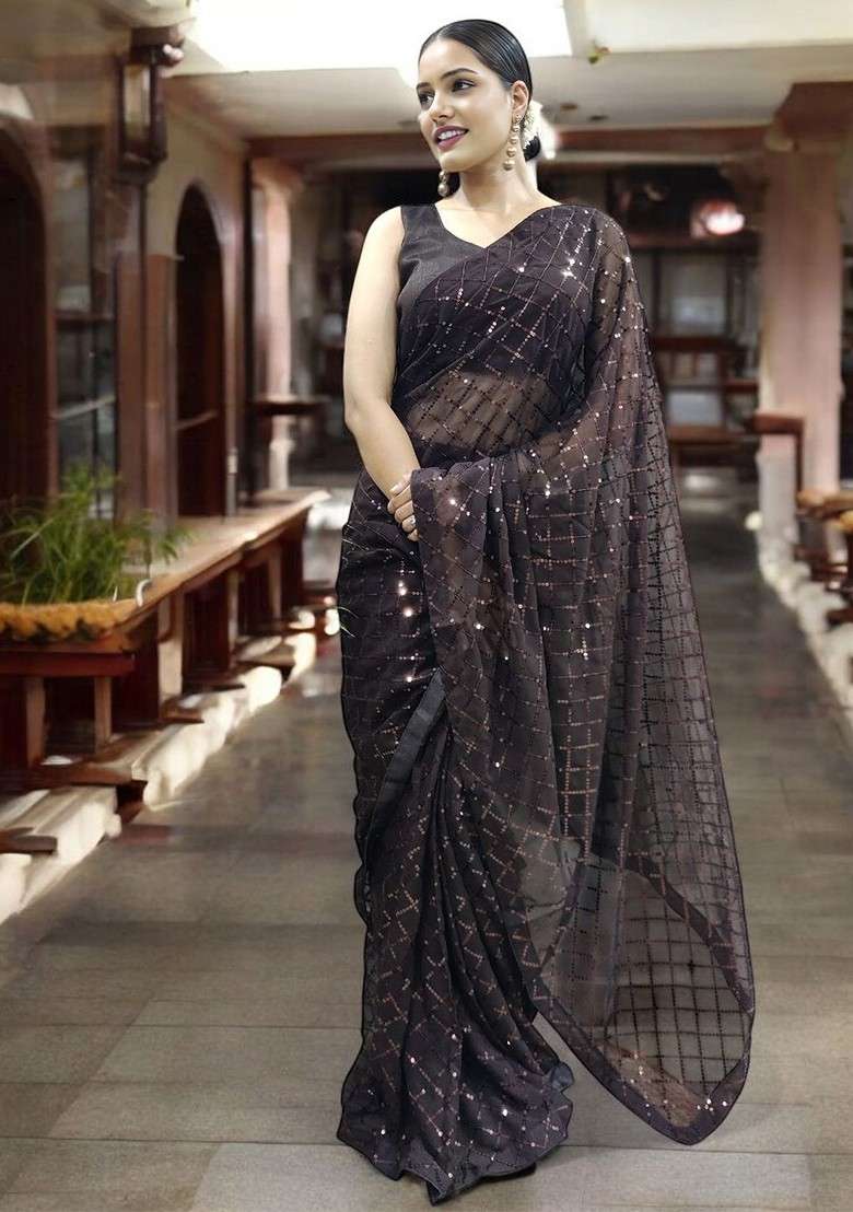 Brown Embellished Blended Saree Set - Indya