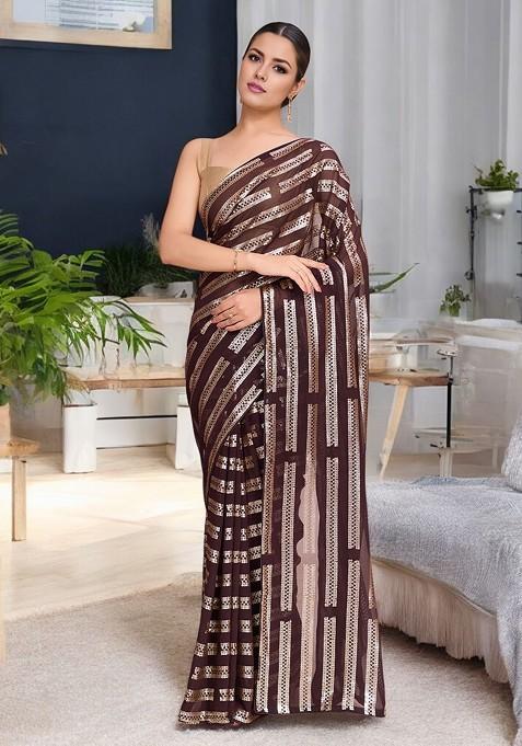 Coffee Brown Embroidered Blended Saree Set — view on Indya