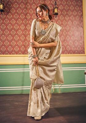 Cream Embroidered Blended Saree Set