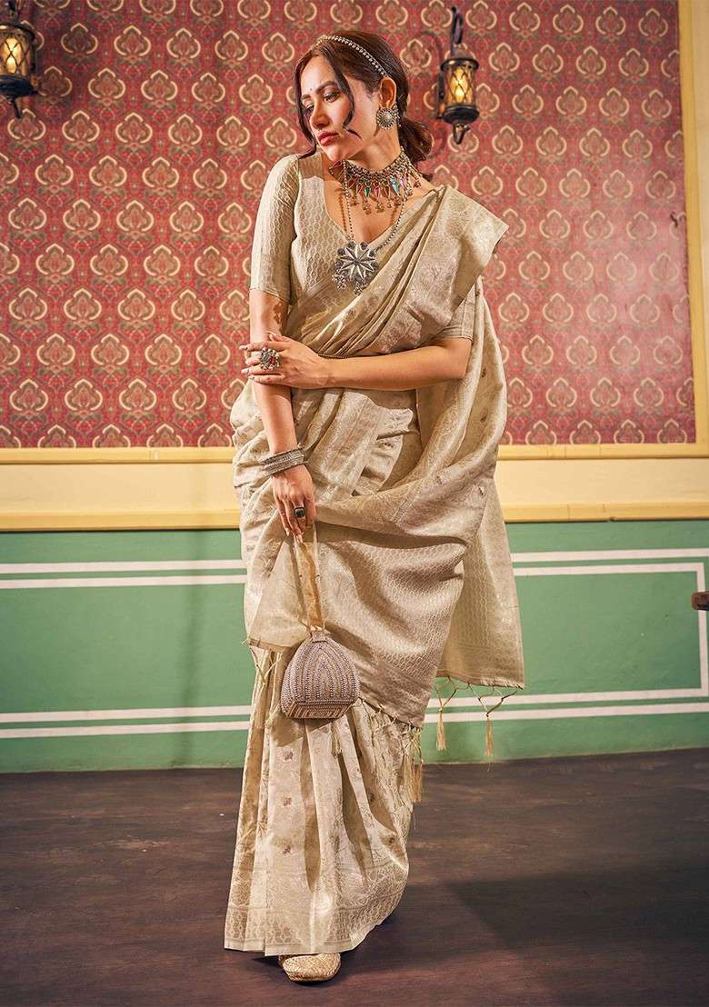 Cream Embroidered Blended Saree Set for Diwali and Festive Wear - Indya