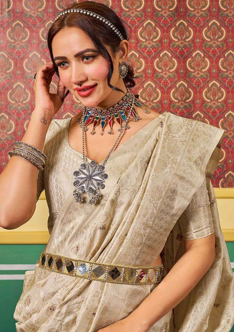 Cream Embroidered Blended Saree Set for Diwali and Festive Wear - Indya