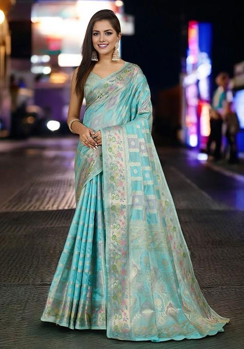 Blue Jacquard Blended Saree Set — view on Indya