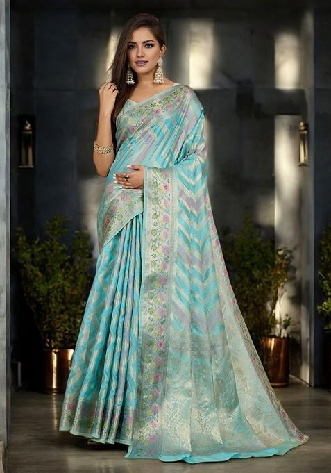 Blue Jacquard Blended Saree Set — view on Indya