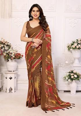 Brown Printed Blended Saree Set
