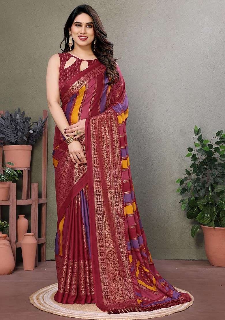 Maroon Embroidered Blended Saree Set - Indya