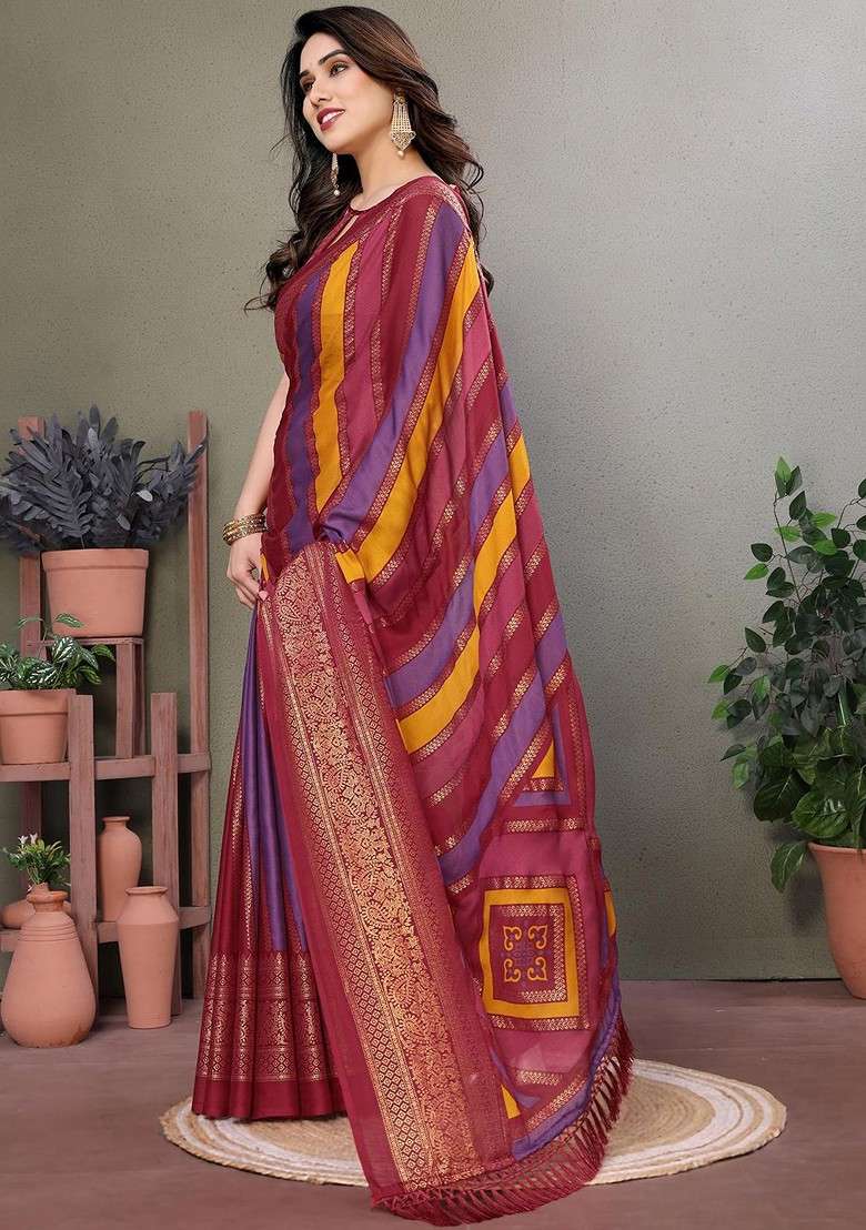 Maroon Embroidered Blended Saree Set - Indya