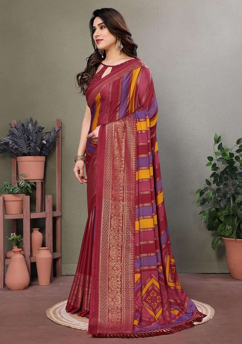 Maroon Embroidered Blended Saree Set - Indya