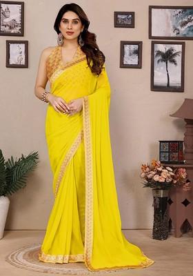 Yellow Printed Blended Saree Set