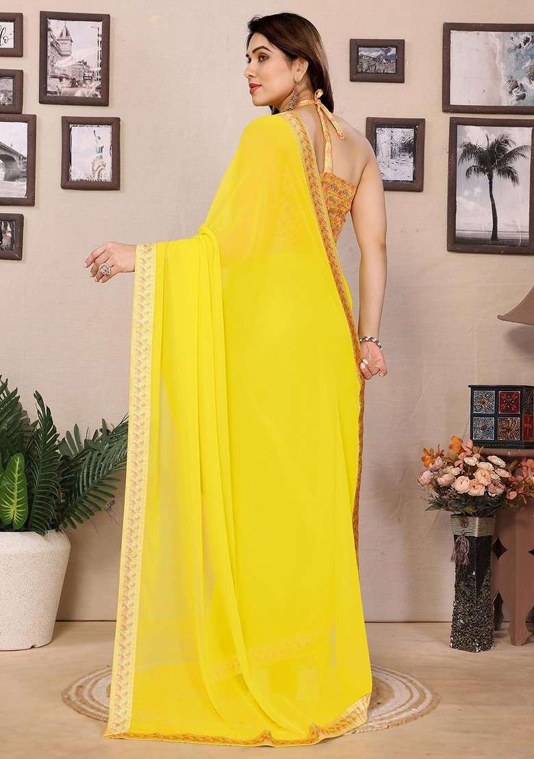 Yellow Printed Blended Saree Set - Indya