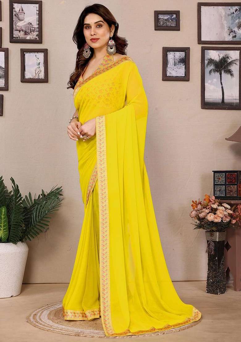 Yellow Printed Blended Saree Set - Indya