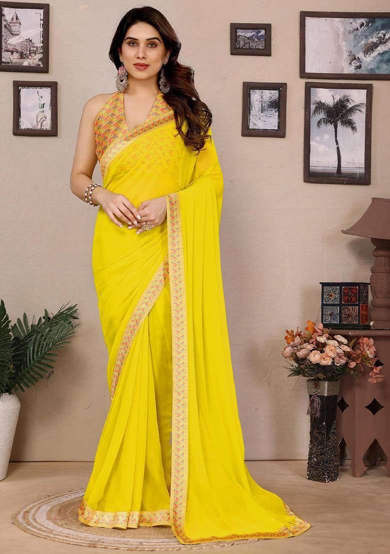 Yellow Printed Blended Saree Set - Indya
