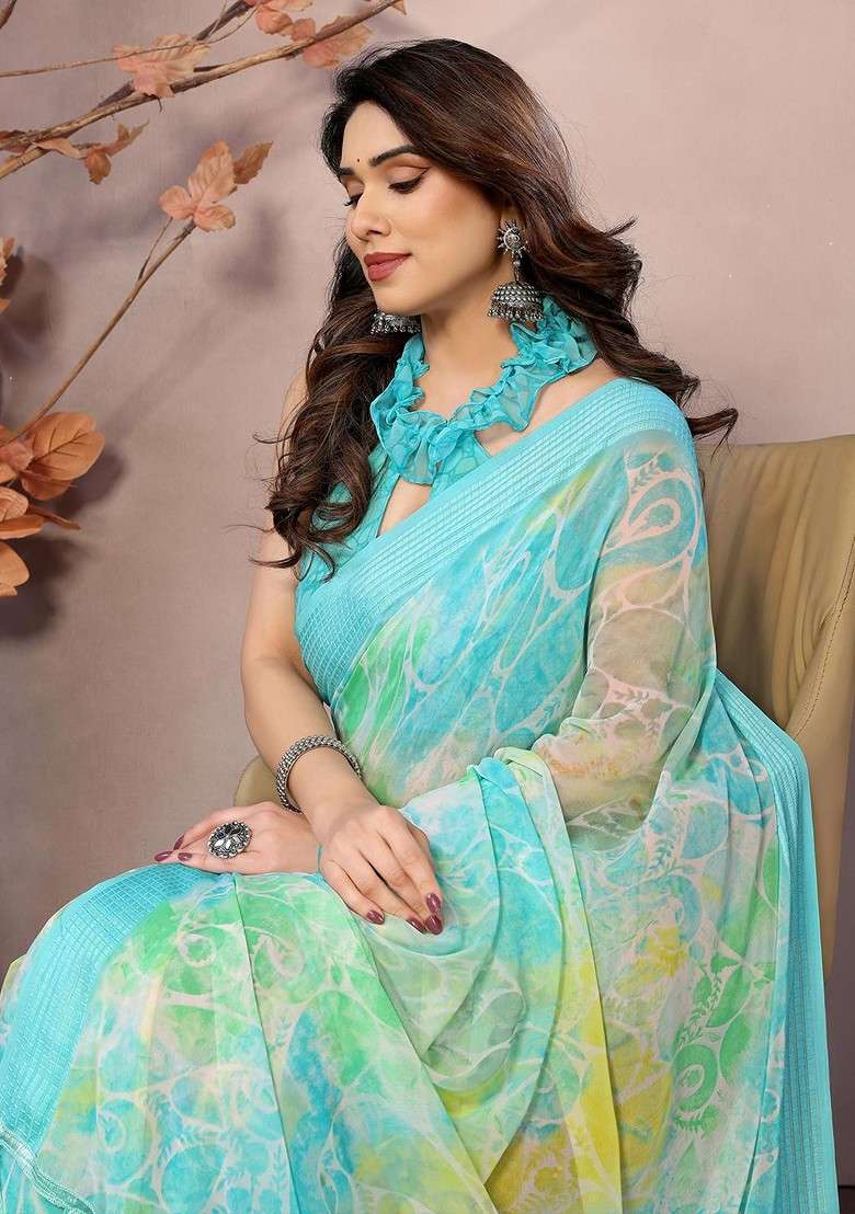 Turquoise Blue Printed Blended Saree Set - Indya