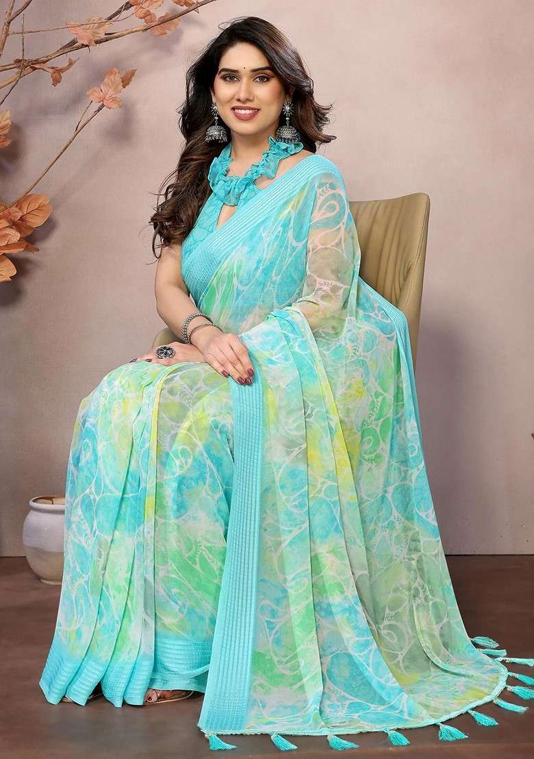 Turquoise Blue Printed Blended Saree Set - Indya