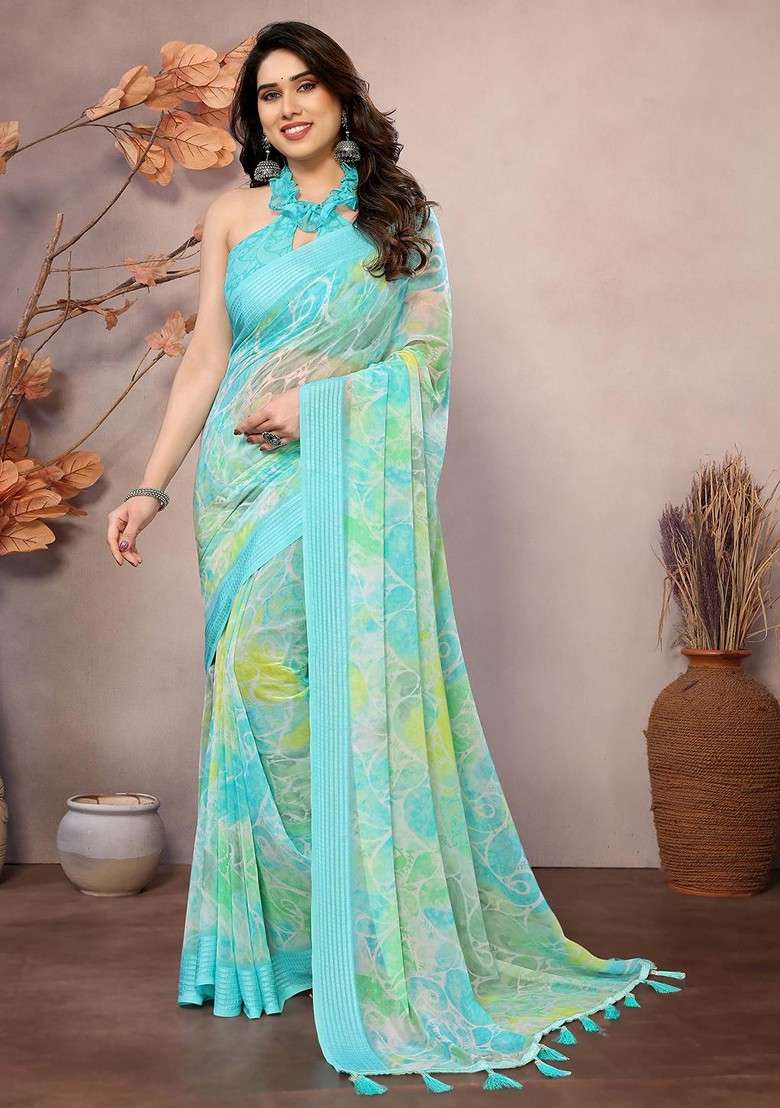 Turquoise Blue Printed Blended Saree Set - Indya