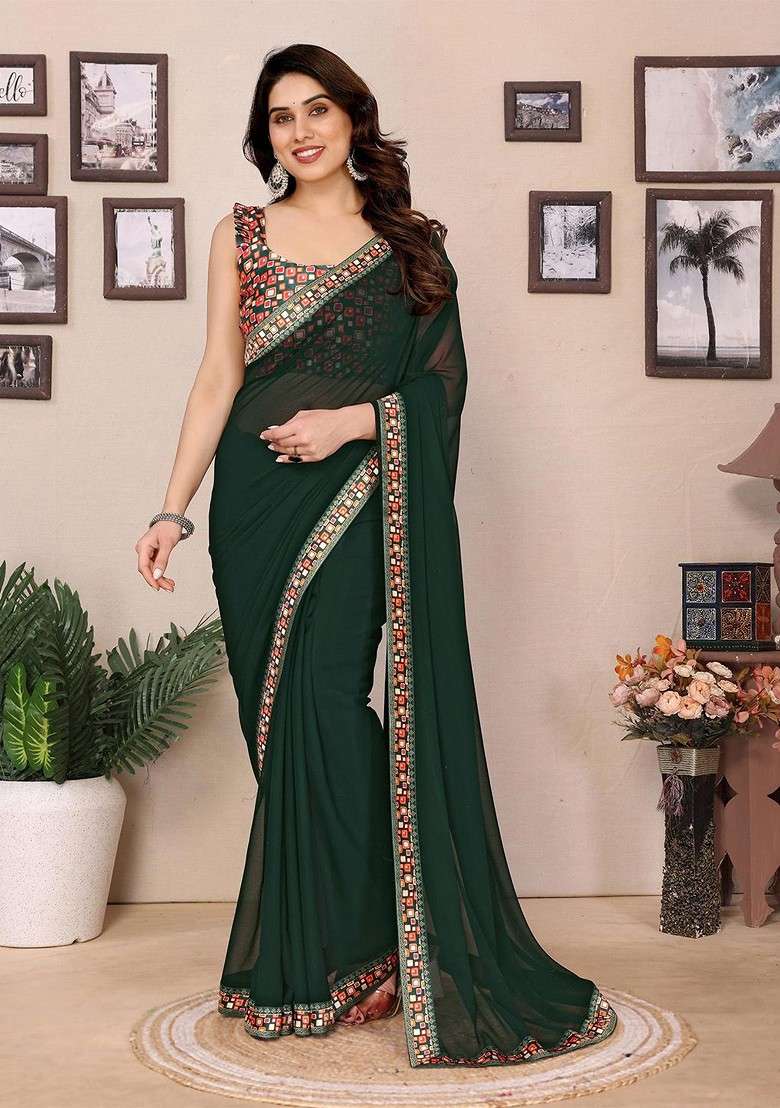 Teal Embroidered Blended Saree Set - Indya